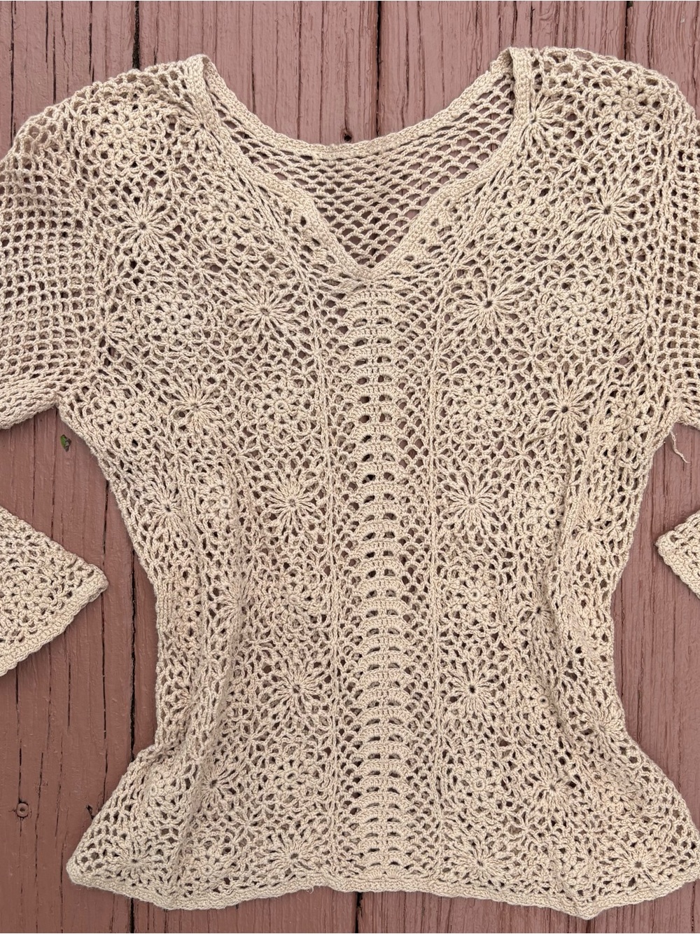 Beige Crochet Boho V-Neck Knit Top size XS/S Lightweight tan colored